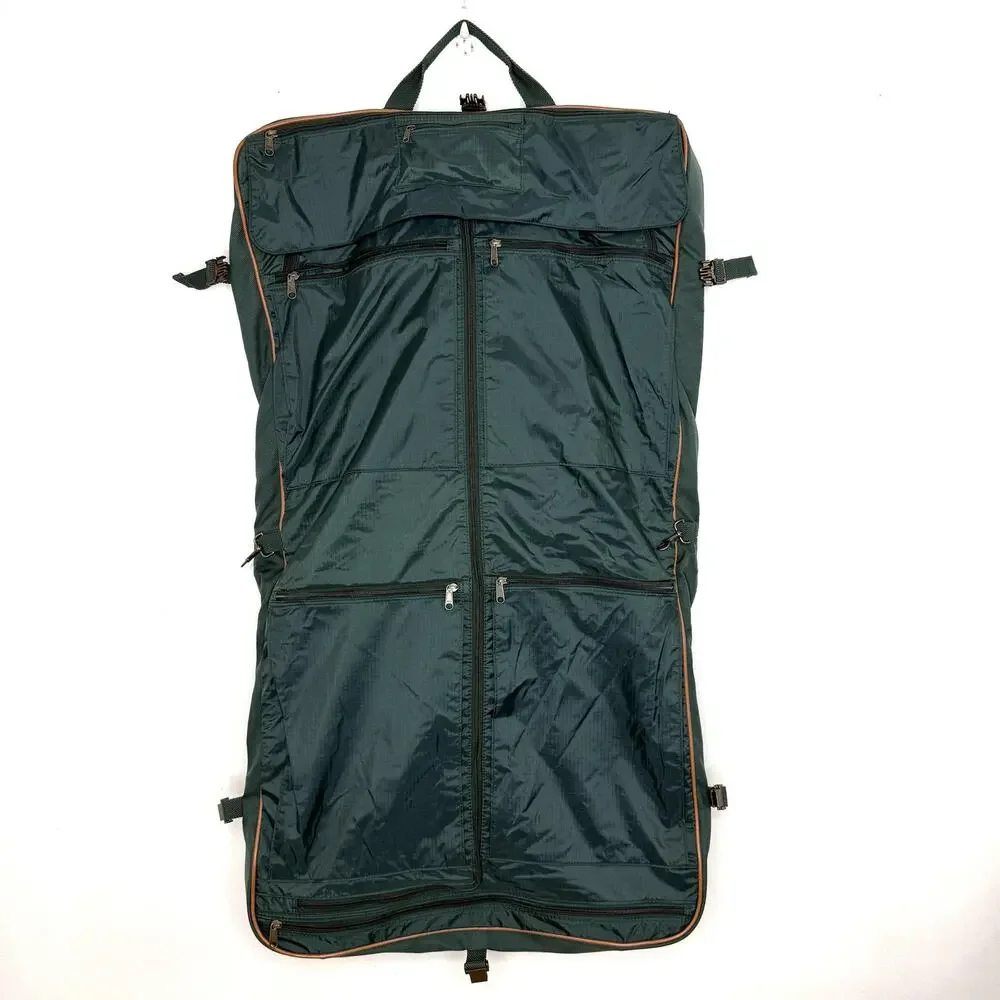 Eddie Bauer Garment Bag Green Nylon Leather Trim Travel Suit Carrier Luggage